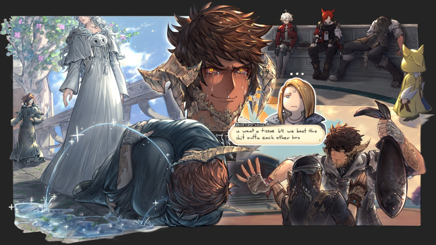 >:), ..., 4boys, 4girls, alisaie_leveilleur, animal, arms_at_sides, au_ra, black_border, bloodshot_eyes, blue_sky, border, brown_gloves, brown_hair, capelet, clouds, commentary, constricted_pupils, crying, crying_with_eyes_open, daijanaikedo, day, dragon_boy, dragon_horns, drawstring, english_commentary, english_text, fetal_position, final_fantasy, final_fantasy_xiv, fingerless_gloves, fish, g'raha_tia, gloves, hand_wraps, highres, holding, holding_animal, holding_fish, hood, hood_down, hooded_capelet, horns, hugging_own_legs, krile_mayer_baldesion_(ff14), long_hair, looking_at_viewer, lying, male_focus, mask, mask_around_neck, multiple_boys, multiple_girls, multiple_views, on_side, outdoors, outside_border, robe, scales, short_hair, sitting, sky, smile, snot, sophist's_robe_(ff14), sparkle, standing, streaming_tears, tassel, tears, unworn_mask, v-shaped_eyebrows, venat_(ff14), warrior_of_light_(ff14), wavy_hair, white_capelet, white_hair, white_robe, yellow_eyes, zenos_yae_galvus