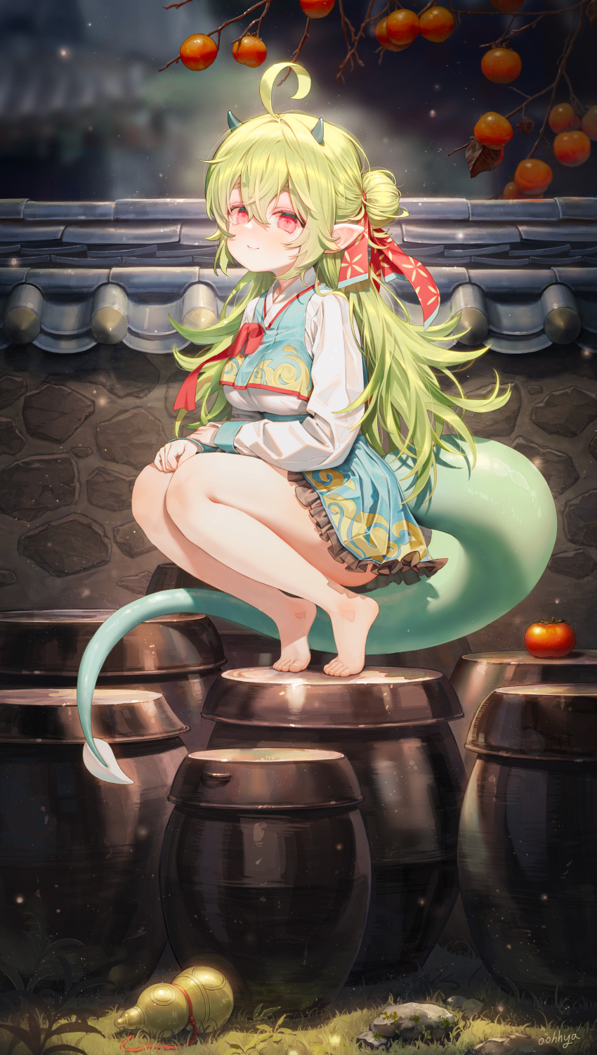 1girl, absurdres, ahoge, artist_name, bare_legs, barefoot, bed_sheet, branch