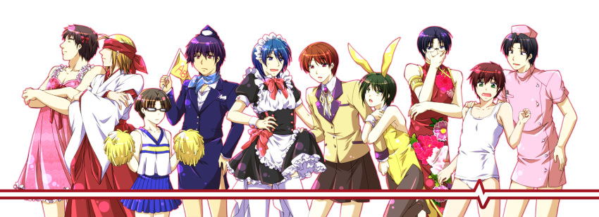 angel_beats!, animal_ears, blonde_hair, brown_hair, bunny_ears, bunnysuit, cheerleader, china_dress