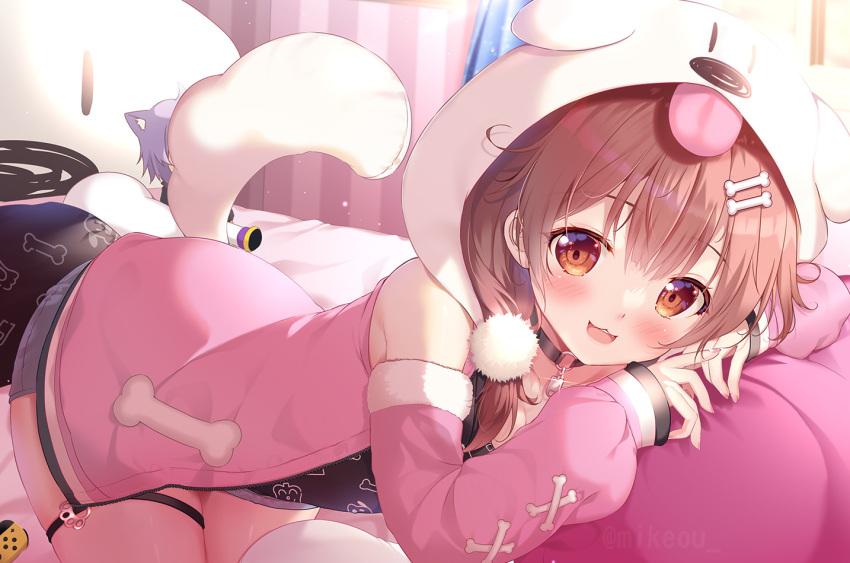 1girl, :3, animal_ear_hood, animal_ears, bare_shoulders, black_choker, black_shirt, blush