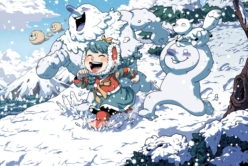 1girl, baba_(hilda), black_giraffe, black_leggings, blue_hair, blue_skirt, blush, boots, bow, braid, breath, closed_eyes, footprints, hair_bow, happy, highres, hilda_(hilda), hilda_(series), laughing, leggings, long_hair, outdoors, red_footwear, running, shirt, skirt, smile, snow, snowing, striped_clothes, striped_shirt, troll, twig_(hilda), twin_braids, winter, woff, yellow_bow