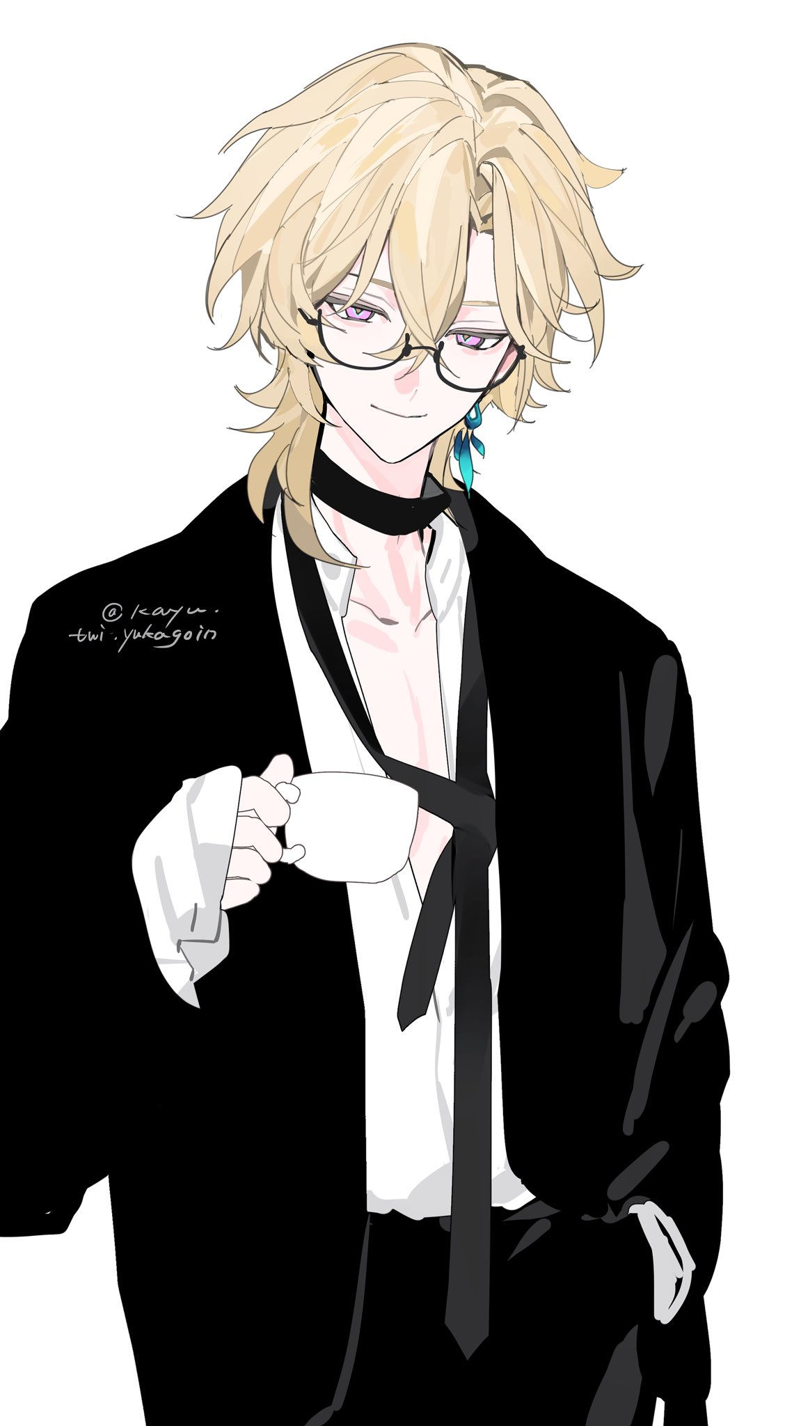 1boy, alternate_costume, aventurine_(honkai:_star_rail), black_jacket, black_necktie, blonde_hair, closed_mouth, cowboy_shot, cup, earrings, glasses, hand_in_pocket, highres, holding, holding_cup, honkai:_star_rail, honkai_(series), jacket, jewelry, kayu_(yukagoin), looking_at_viewer, male_focus, necktie, shirt, short_hair, simple_background, solo, white_background, white_shirt