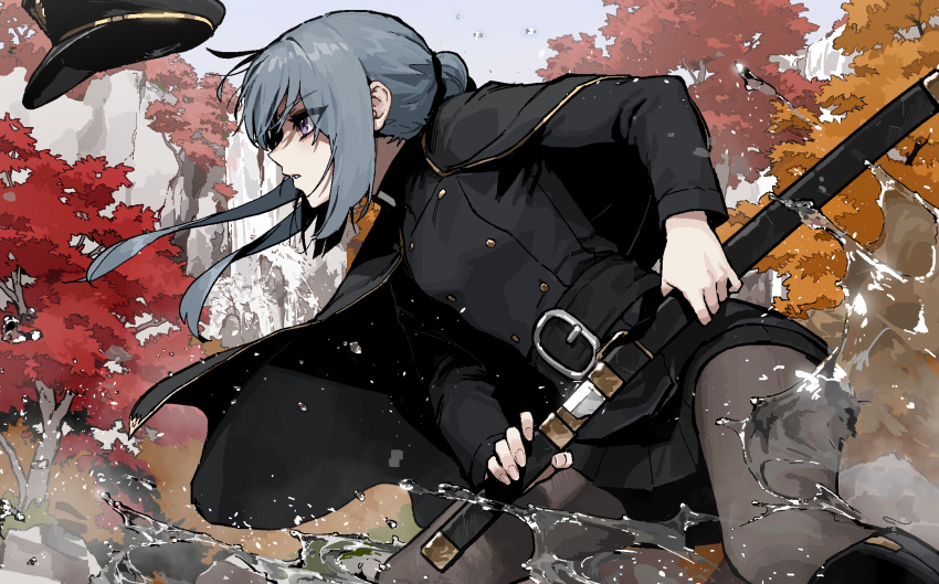 1girl, black_cape, black_headwear, black_jacket, black_skirt, blue_hair, cape, cowboy_shot, from_side, gogalking, hat, highres, holding, holding_sword, holding_weapon, jacket, long_hair, original, outdoors, peaked_cap, pleated_skirt, portia_(gogalking), sheath, skirt, solo, splashing, sword, tree, unsheathing, unworn_headwear, violet_eyes, water, weapon