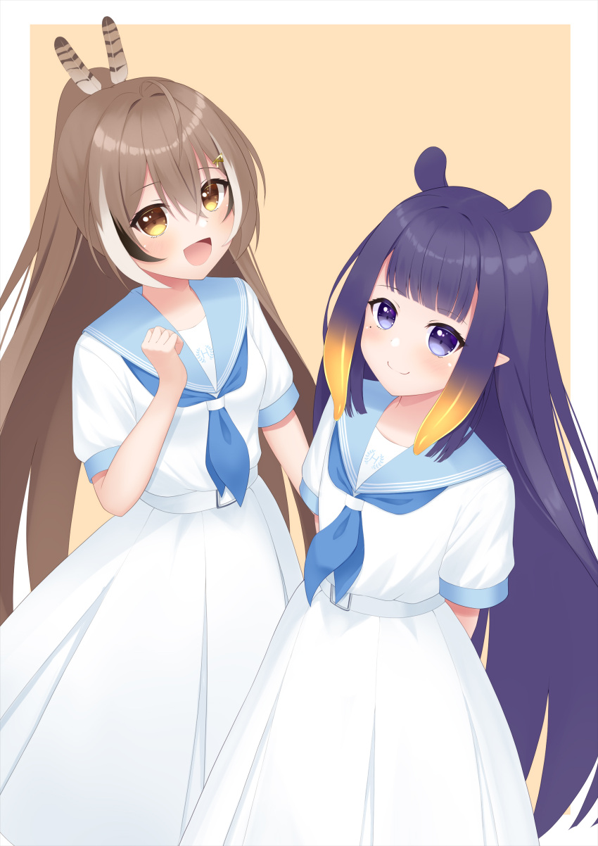 2girls, :d, absurdres, ahoge, alternate_costume, blue_sailor_collar, blunt_bangs, brown_eyes