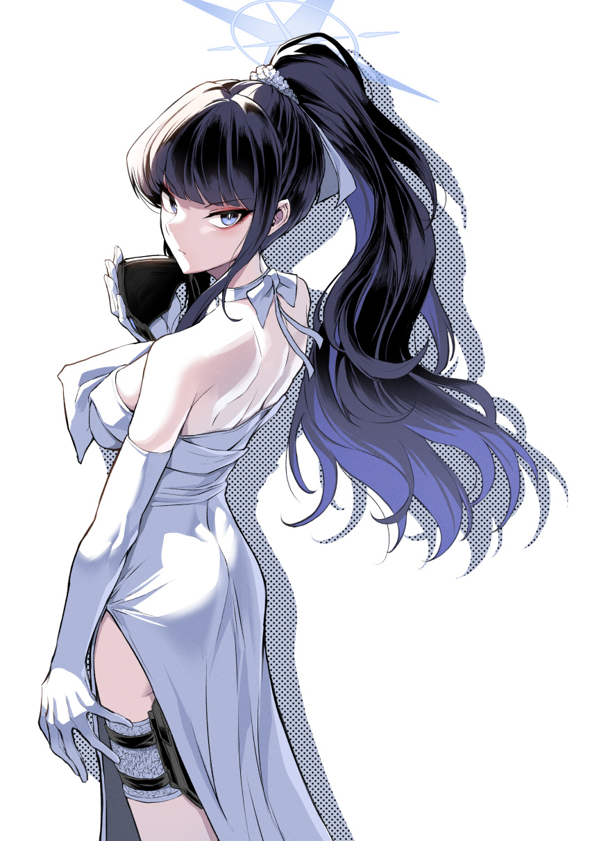 1girl, absurdres, blue_archive, blue_halo, choker, colored_inner_hair, dress, elbow_gloves