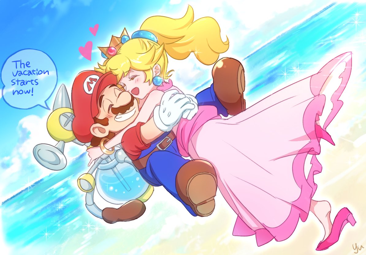 1boy, 1girl, agua_mp, beach, blue_overalls, couple, earrings, f.l.u.d.d.