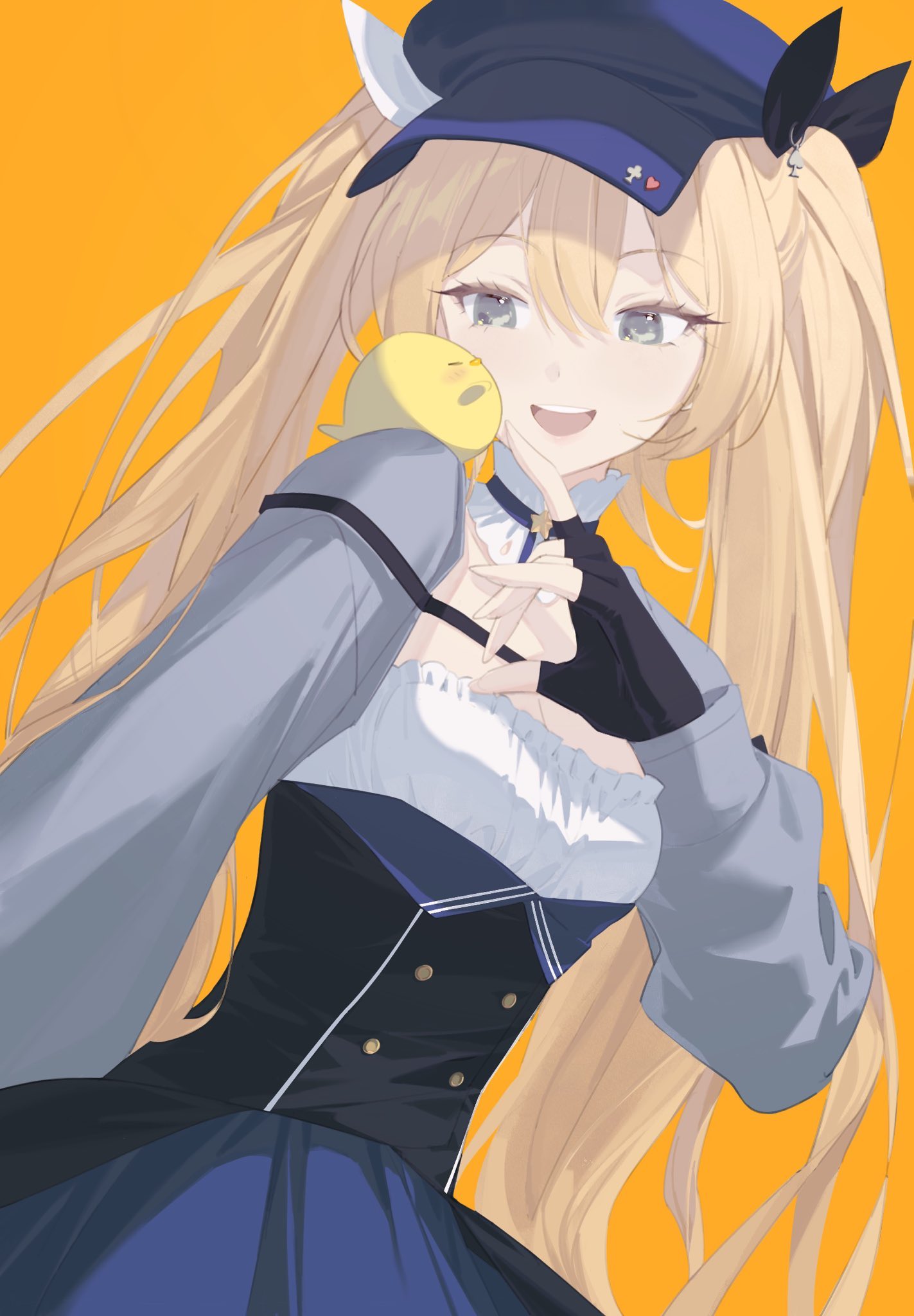 1girl, black_gloves, blonde_hair, blue_headwear, blue_skirt, cowboy_shot, dokibird_(vtuber), dragoon_(dokibird)