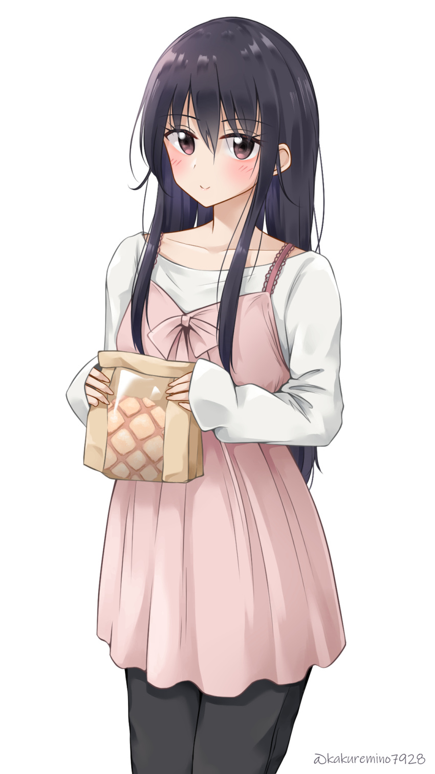 1girl, amakusa_shino, apron, bag, black_hair, blush, bread, brown_eyes