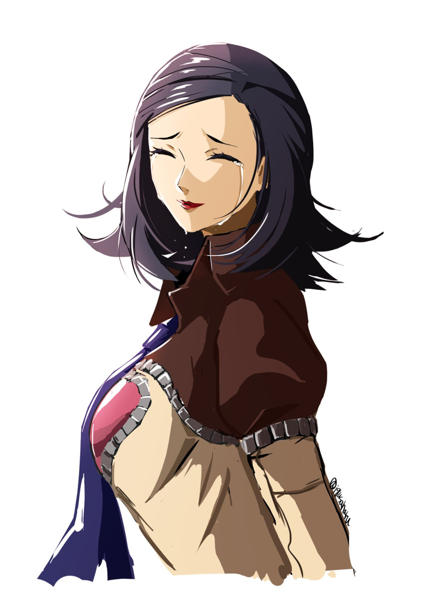 1girl, amano_maya, black_hair, breasts, closed_mouth, crying, heart, heart_print