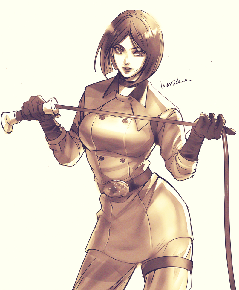 1girl, belt, black_gloves, breasts, brown_eyes, brown_hair, choker, gloves, looking_at_viewer, lovesick_0, military_uniform, short_hair, signature, the_king_of_fighters, uniform, whip, whip_(kof)