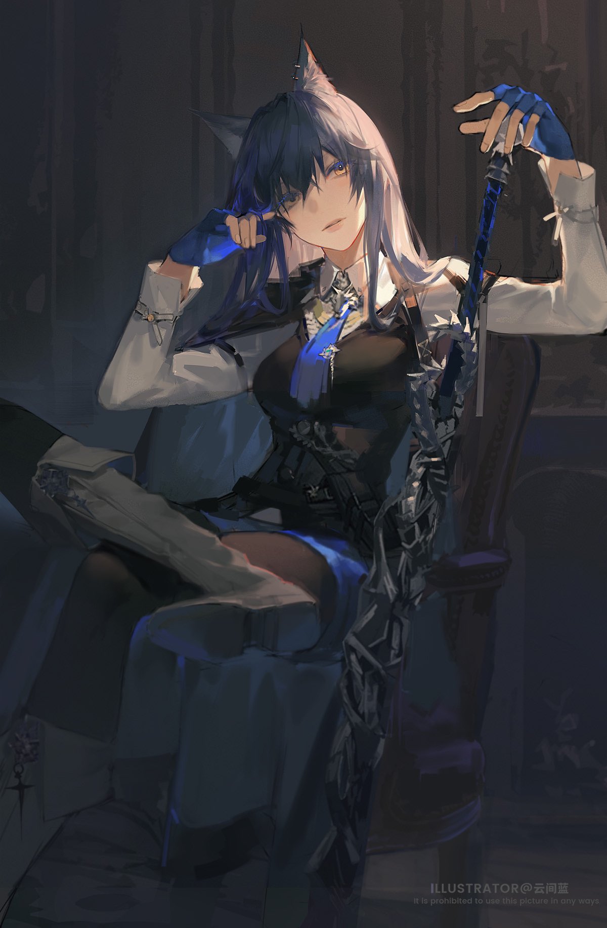 1girl, animal_ears, arknights, black_vest, blue_gloves, blue_hair, blue_skirt, boots