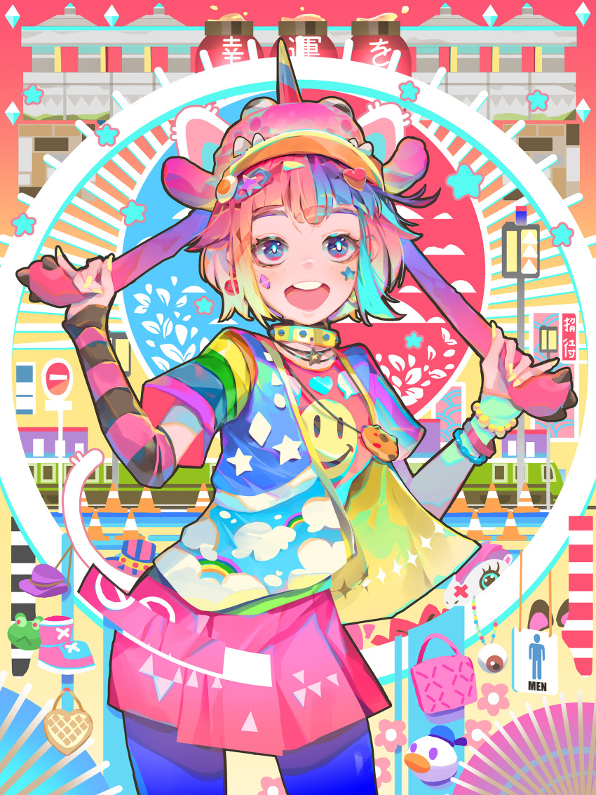 1girl, absurdres, animal_hat, arm_warmers, bag, bead_bracelet, beads, beanie, black_arm_warmers, bleble, blue_bracelet, blue_eyes, blue_gloves, blue_hair, blue_jacket, blue_leggings, bracelet, bright_pupils, choker, commentary, cookie, cowboy_shot, diamond_(shape), diamond_on_cheek, earflap_beanie, english_commentary, eyelashes, folding_fan, food, food-themed_hair_ornament, fried_egg, gloves, gradient_background, hair_ornament, hairclip, half_gloves, hand_fan, handbag, harajuku_fashion, hat, hat_tug, heart, heart_hair_ornament, highres, jacket, jewelry, lamppost, leggings, marking_on_cheek, miniskirt, mixed-language_commentary, multicolored_hair, multicolored_sleeves, nail_polish, necklace, open_clothes, open_jacket, orange_hair, original, pantyhose, pink_arm_warmers, pink_bag, pink_headwear, pink_skirt, pink_wristband, pleated_skirt, railroad_tracks, rainbow_order, red_shirt, red_t-shirt, shirt, short_hair, short_sleeves, single_arm_warmer, single_glove, skirt, smiley_face, solo, star_(symbol), star_choker, star_on_cheek, striped_arm_warmers, studded_choker, t-shirt, train, two-sided_fabric, two-sided_jacket, two-tone_arm_warmers, two-tone_hair, white_pupils, yellow_bracelet, yellow_choker, yellow_jacket, yellow_nails