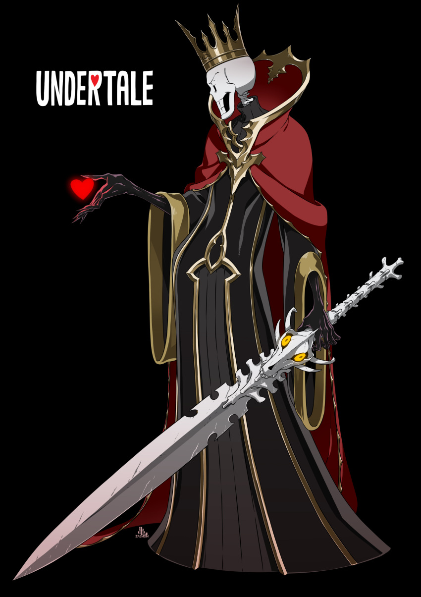 1boy, absurdres, alternate_costume, black_background, black_robe, black_skin, bone, bone_weapon, cel_shading, cloak, collared_cloak, colored_skin, commentary_request, copyright_name, crown, from_side, full_body, glowing, grin, heart, high_collar, highres, holding, holding_sword, holding_weapon, kamezaemon, male_focus, papyrus_(undertale), profile, red_cloak, robe, scratches, simple_background, skeleton, smile, solid_oval_eyes, solo, standing, sword, turtleneck, undertale, weapon, wide_sleeves