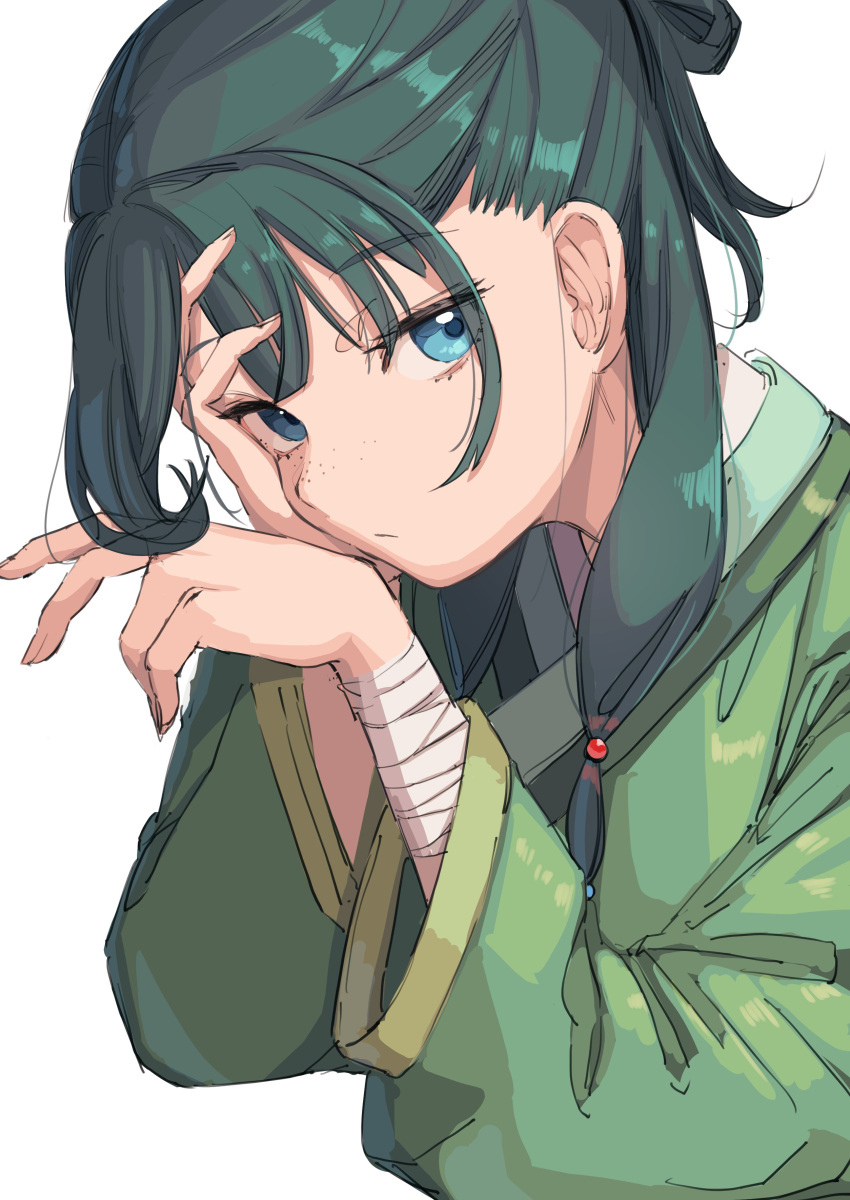 1girl, absurdres, beads, blue_eyes, chinese_clothes, freckles, green_hair, green_robe, hair_beads, hair_bun, hair_ornament, highres, kusuriya_no_hitorigoto, long_hair, looking_at_viewer, maomao_(kusuriya_no_hitorigoto), ogura_tubuan, robe, single_hair_bun, white_background, wide_sleeves