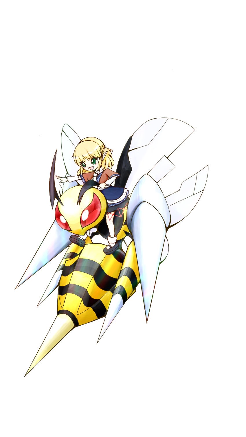 1girl, :d, bee, beedrill, blonde_hair, bright_pupils, bug, commentary