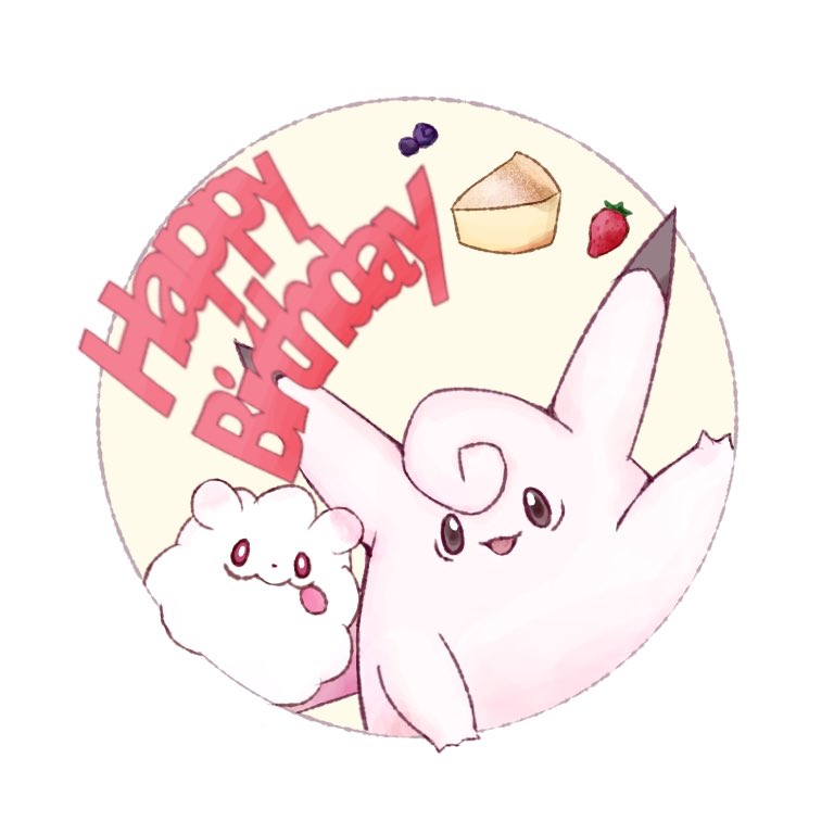 :p, border, bright_pupils, brown_eyes, cake, circular_border, clefable, fireblast, food, fruit, happy_birthday, looking_at_viewer, no_humans, open_mouth, outside_border, pokemon, pokemon_(creature), red_eyes, simple_background, smile, strawberry, swirlix, tongue, tongue_out, waving, white_border, white_pupils, yellow_background