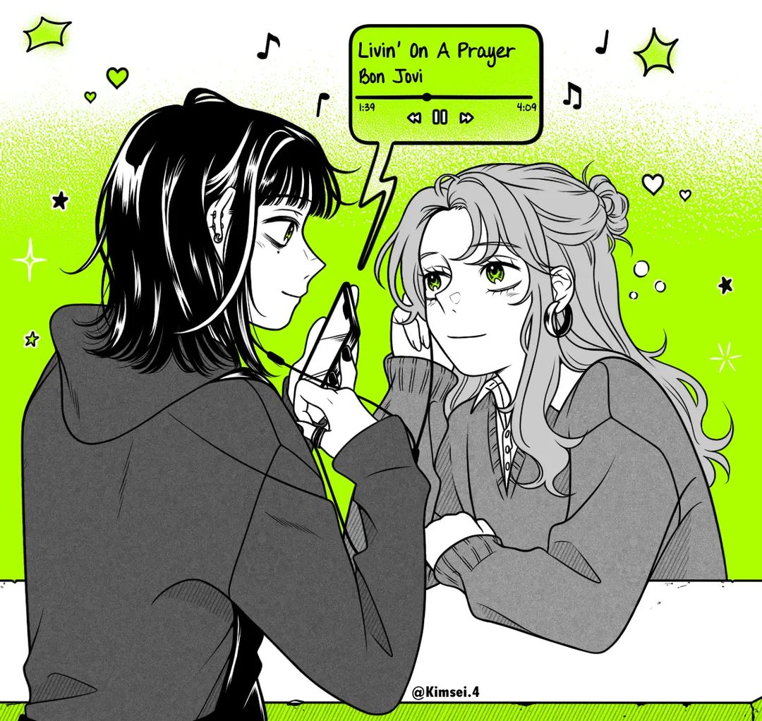 2girls, blunt_bangs, bon_jovi, cellphone, commentary, earphones, earrings, english_commentary