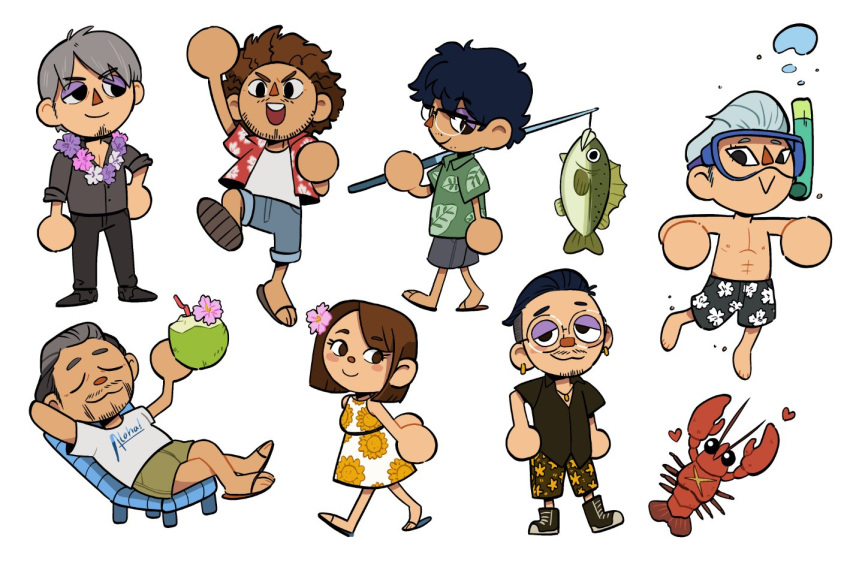 1girl, 6+boys, adachi_koichi, animal_crossing_(style), crawfish, han_joon-gi, kasuga_ichiban, kiryu_kazuma