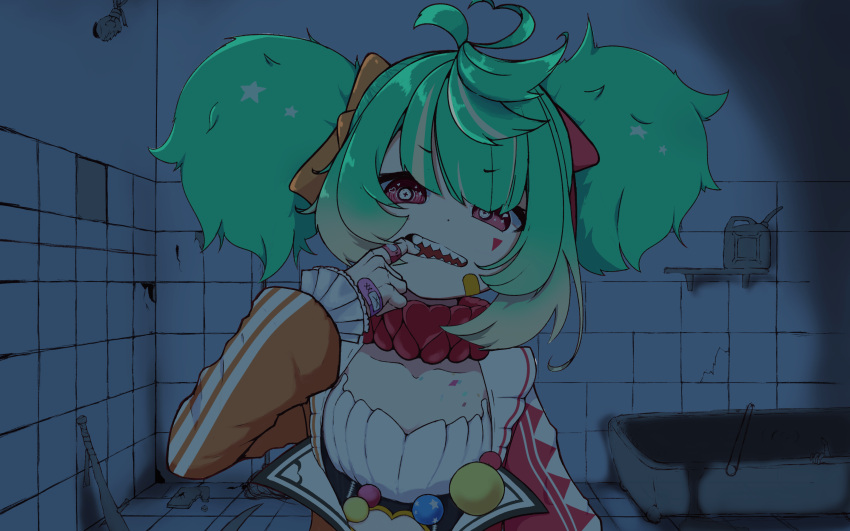1girl, ahoge, bandaid, baseball_bat, bathroom, blonde_hair, clown, coni_confetti
