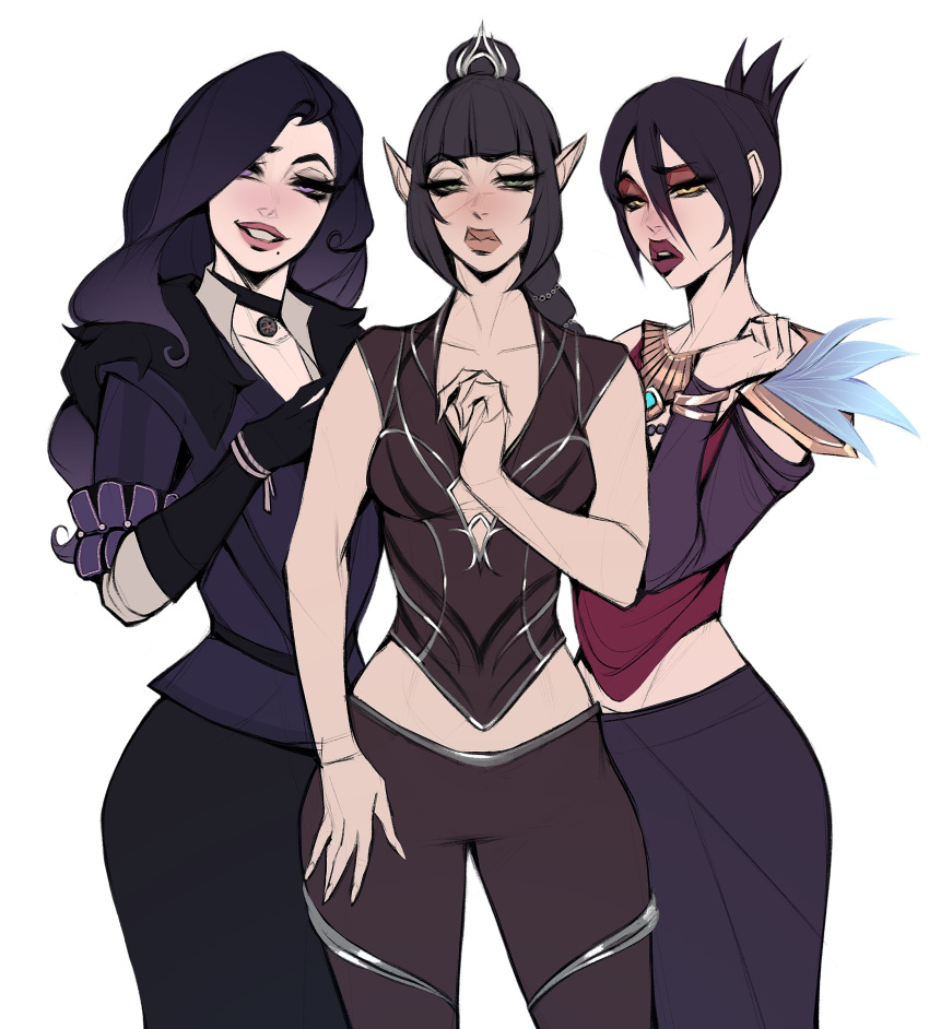 3girls, absurdres, baldur's_gate, baldur's_gate_3, braid, dragon_age, dragon_age:_origins, dress, dungeons_and_dragons, elf, highres, long_braid, mindflayer, morrigan_(dragon_age), multi-tied_hair, multiple_girls, pointy_ears, scar, scar_on_face, scar_on_nose, shadowheart_(baldur's_gate), smile, the_witcher_(series), tiefling, yellow_eyes, yennefer_of_vengerberg, ykshelter