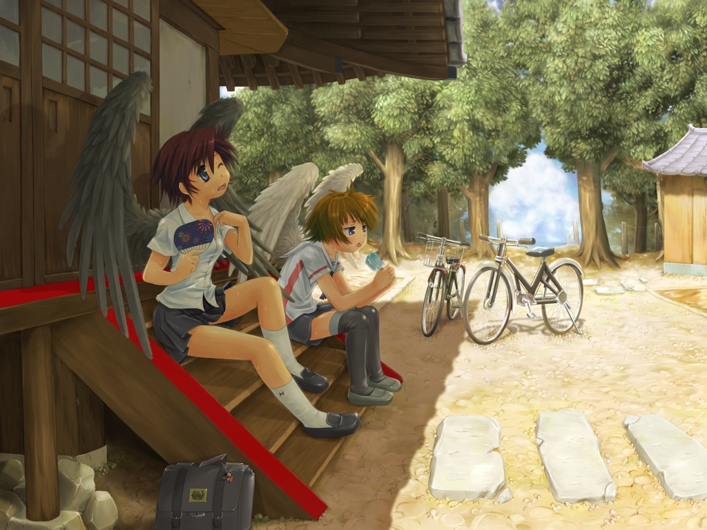 2girls, bicycle, fan, getty, original, popsicle, summer, uniform
