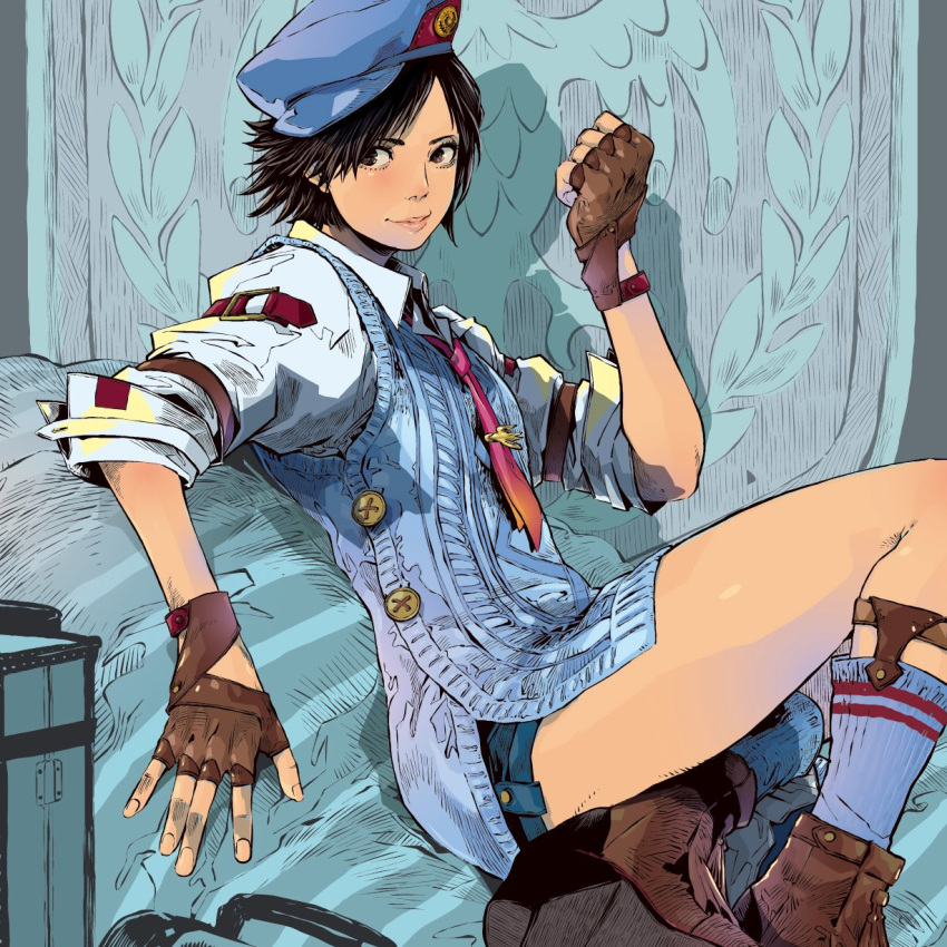 1girl, blue_headwear, blue_sweater, brown_footwear, character_request, commentary_request, fingerless_gloves, gloves, highres, jbstyle, leg_focus, legs, looking_at_viewer, medium_hair, necktie, red_lips, red_necktie, short_shorts, shorts, smile, socks, solo, sweater, tekken, tekken_8, white_socks