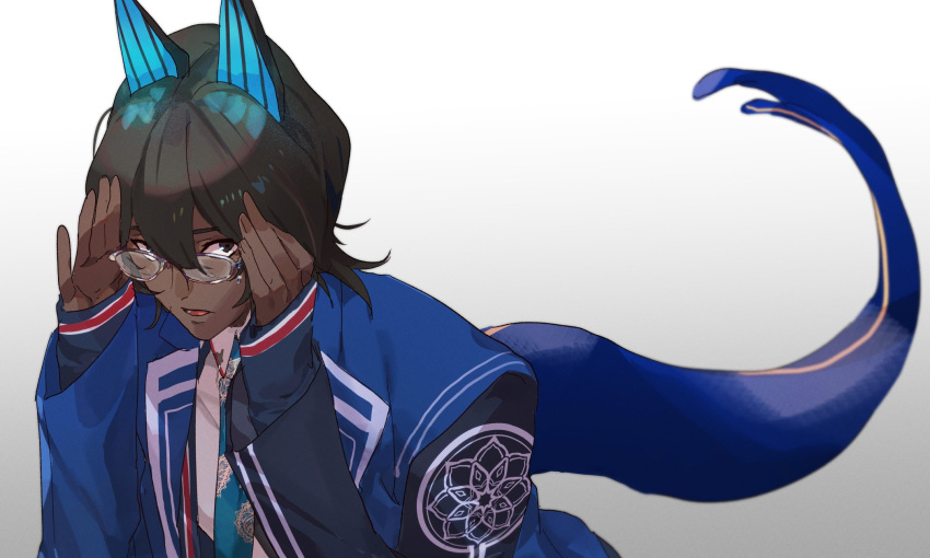 1boy, arjuna_(fate), arjuna_alter_(fate), arjuna_alter_(student_council_president)_(fate), black_eyes, black_hair, blue_shirt, dark-skinned_male
