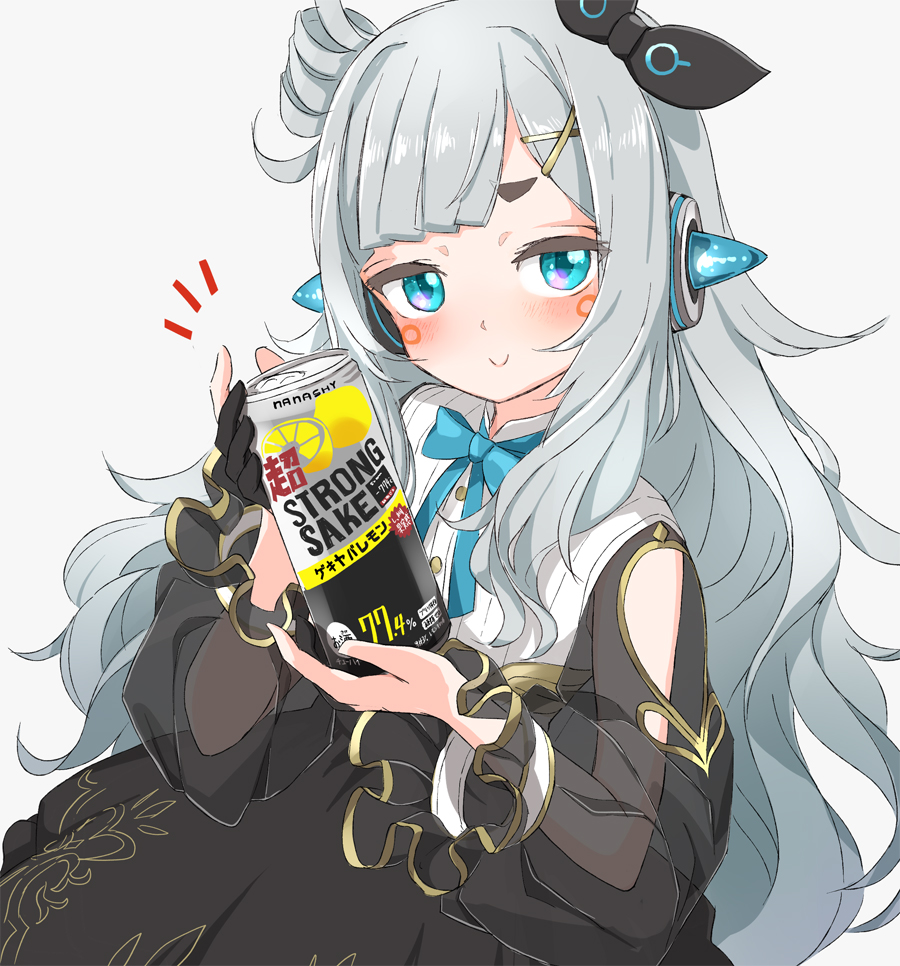 1girl, and_uge, beer_can, black_dress, blue_bow, blue_bowtie, blunt_bangs, blush