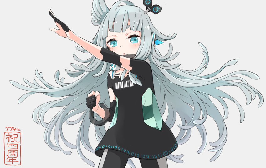 1girl, and_uge, barcode, binary, black_dress, black_pants, blue_eyes, blunt_bangs