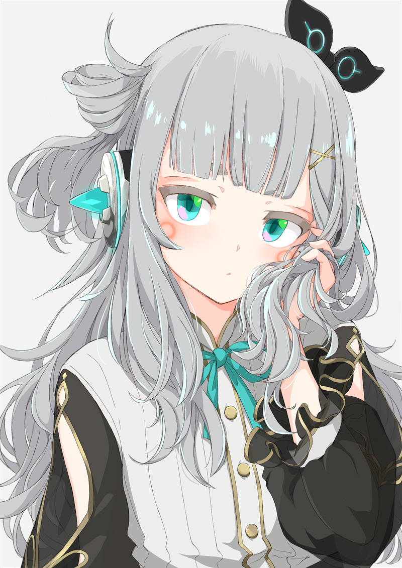 1girl, and_uge, black_sleeves, blue_eyes, blunt_bangs, blush, buttons, circle_facial_mark