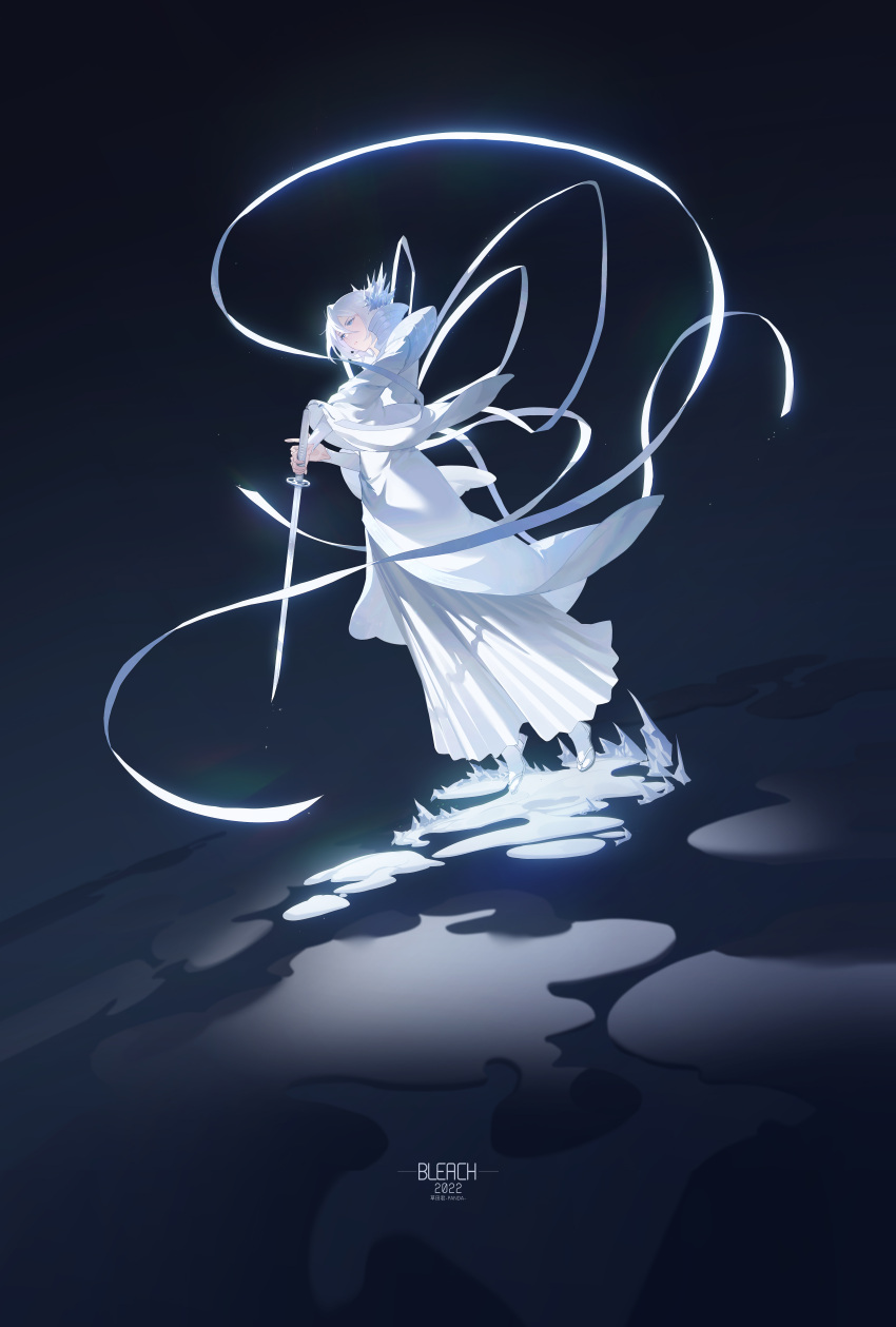 absurdres, bleach, blue_eyes, dark_background, floating, full_body, hakama, hakama_skirt