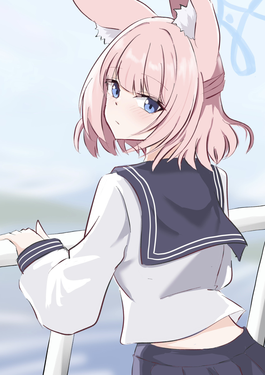 1girl, :/, absurdres, animal_ear_fluff, animal_ears, black_sailor_collar, black_skirt, blue_archive