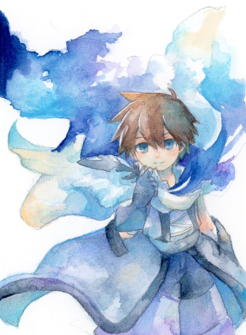 1boy, bandaged_wrist, bandages, black_feathers, black_gloves, blue_cape, blue_eyes, brown_hair