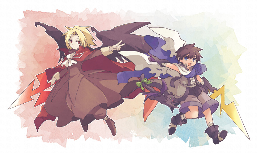 1boy, 2boys, angel_wings, ascot, bandaged_ankle, bandaged_wrist, bandages, bat_wings