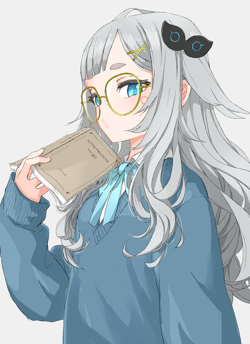 1girl, alternate_costume, and_uge, bespectacled, blue_bow, blue_bowtie, blue_cardigan, blue_eyes