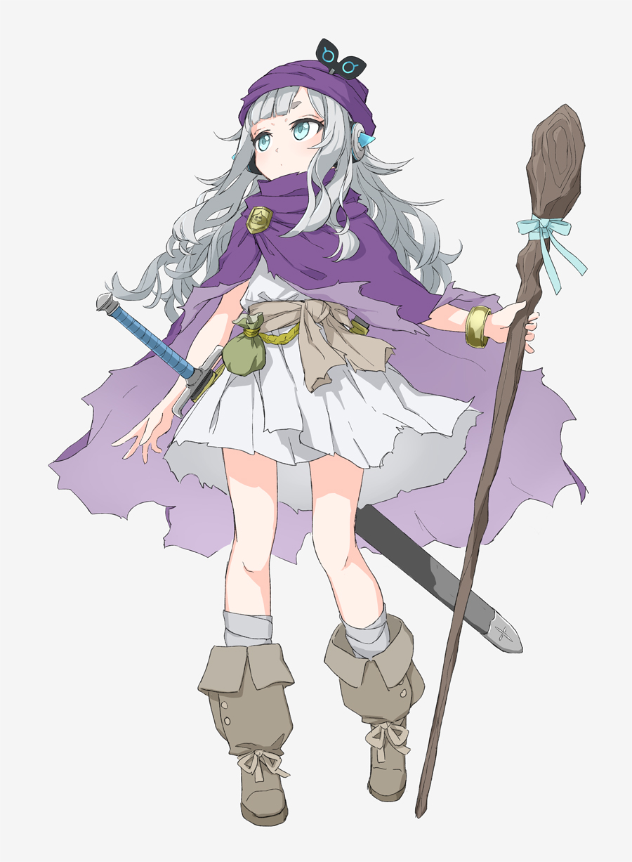 1girl, and_uge, blue_eyes, blunt_bangs, blush, boots, cape, closed_mouth