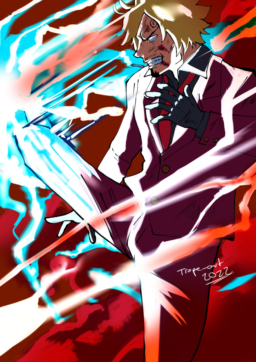 1boy, absurdres, blonde_hair, blue_fire, commentary, curly_eyebrows, dated, facial_hair