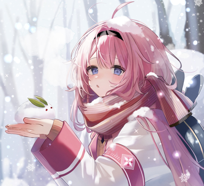 1girl, :o, ahoge, black_hairband, blue_eyes, blush, day, forest