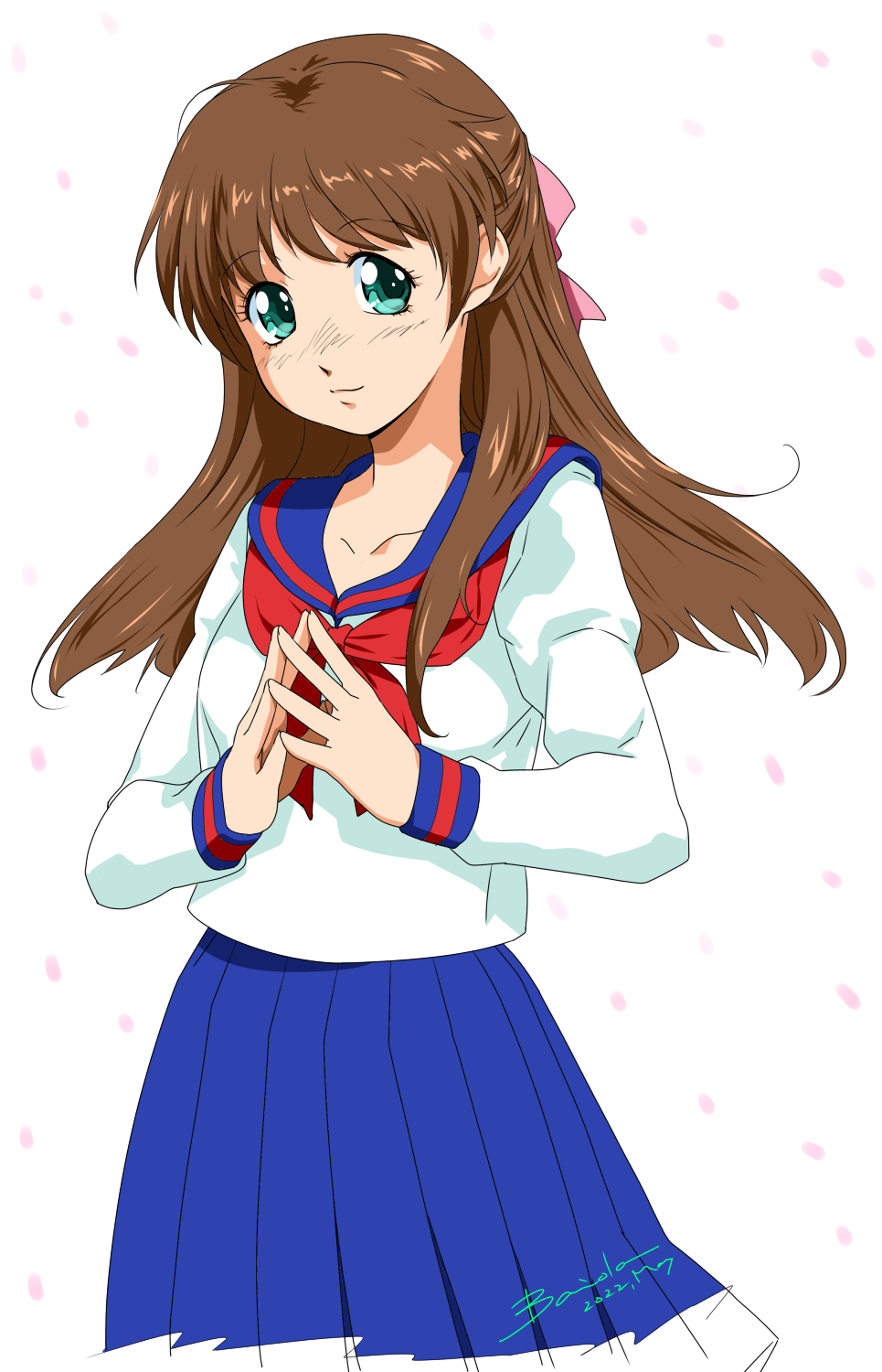 1girl, baiola, blue_sailor_collar, blue_skirt, bow, brown_hair, closed_mouth, collarbone
