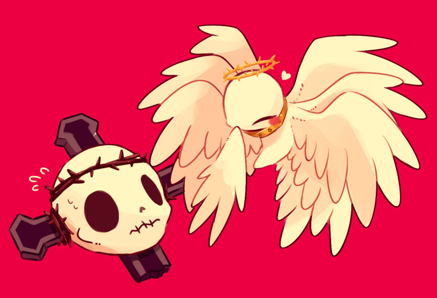 ^_^, angel_wings, blush, closed_eyes, commentary_request, cross, crown_of_thorns, feathered_wings