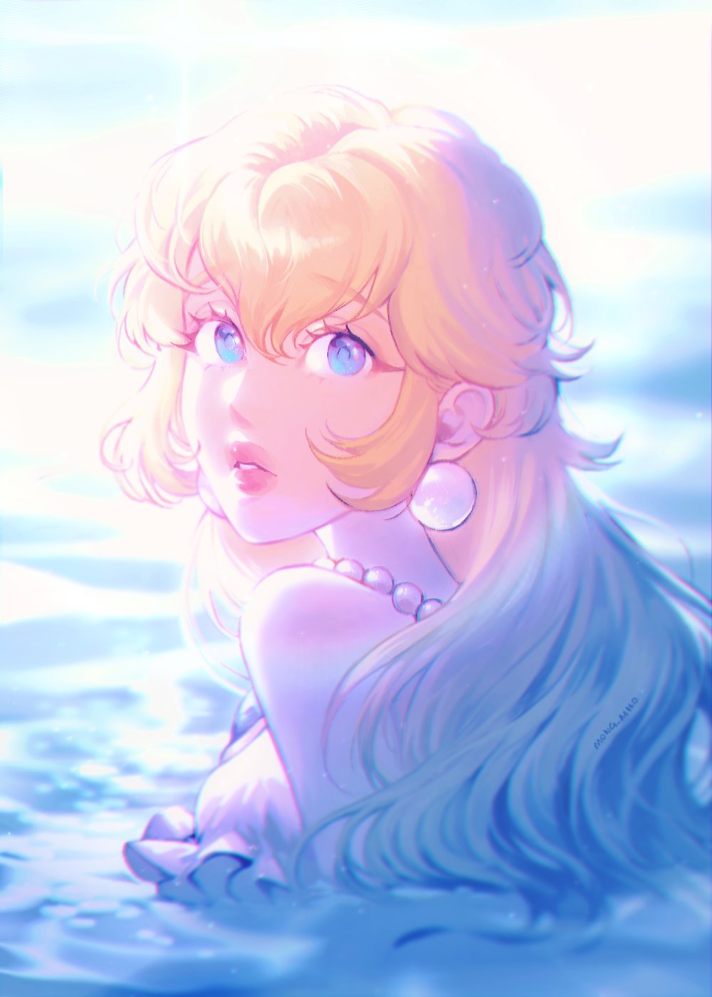 1girl, blonde_hair, blue_eyes, earrings, highres, jewelry, long_hair, mermaid_peach