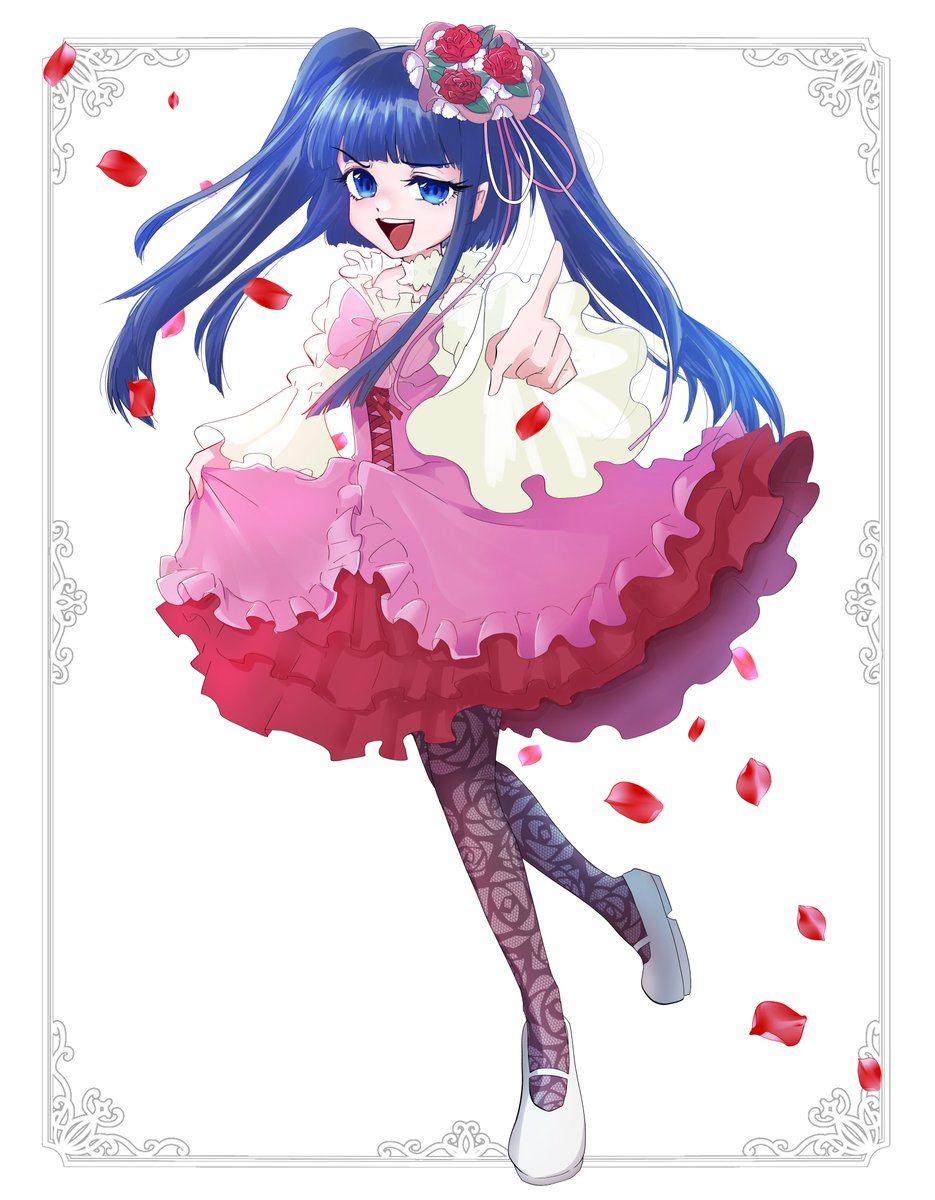 1girl, blue_eyes, blue_hair, blunt_bangs, blunt_ends, bow, choker, cross-laced_clothes, dot_nose, eyelashes, flat_chest, floating_hair, floral_print, flower, frilled_skirt, frills, full_body, furudo_erika, hair_flower, hair_ornament, high-waist_skirt, highres, layered_skirt, leaf, lolita_fashion, long_hair, looking_at_viewer, mary_janes, nigu_723, open_mouth, outstretched_arm, pantyhose, petals, pink_bow, pink_headwear, pink_skirt, pointing, pointing_at_viewer, print_pantyhose, puffy_sleeves, red_flower, red_rose, red_skirt, ribbon, rose, rose_petals, shoes, sidelocks, skirt, skirt_hold, smile, solo, standing, teeth, twintails, umineko_no_naku_koro_ni, upper_teeth_only, white_footwear, wide_sleeves