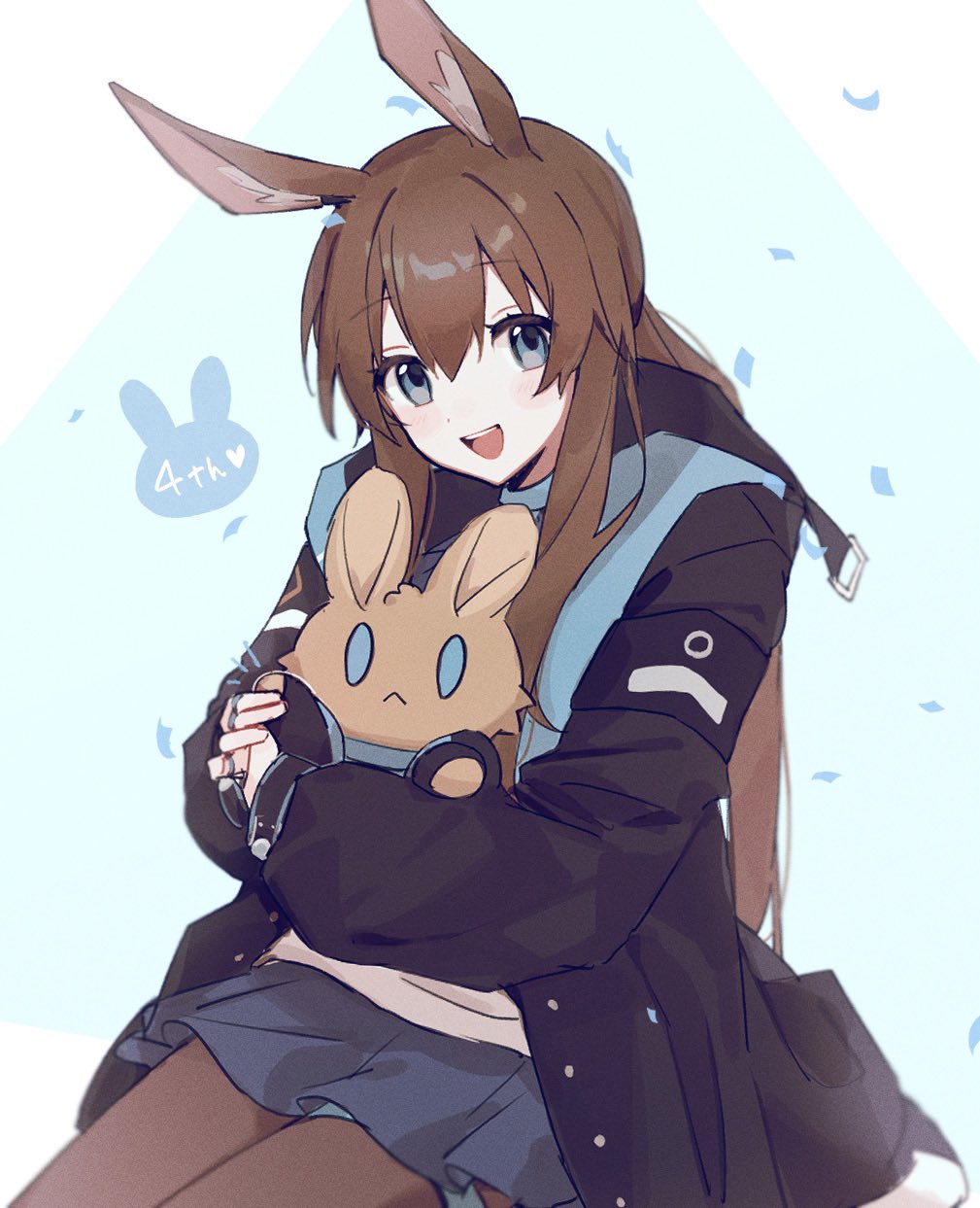 1girl, :d, amiya_(arknights), animal_ear_fluff, animal_ears, anniversary, arknights, black_jacket