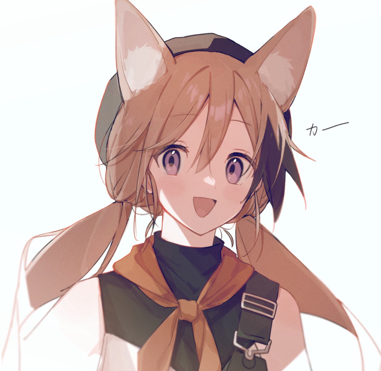 1girl, :d, animal_ear_fluff, animal_ears, arknights, beret, black_headwear, brown_hair