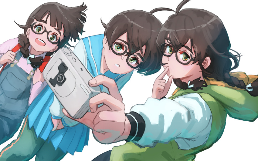 3girls, ahoge, backpack, bag, black-framed_eyewear, black_hair, black_pants, black_thighhighs
