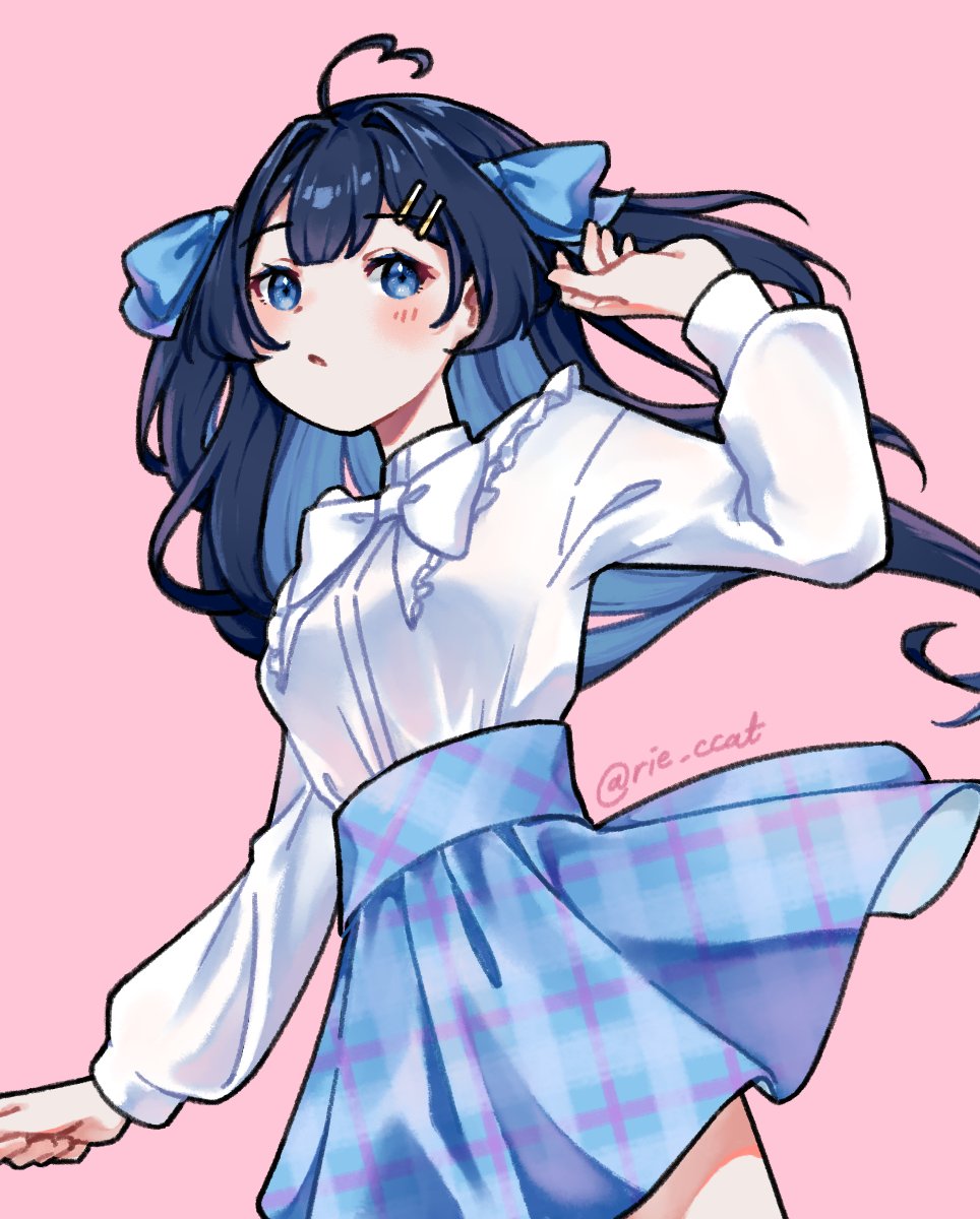 antenna_hair, blue_bow, blue_bowtie, blue_eyes, blue_hair, blue_skirt, blush, bow