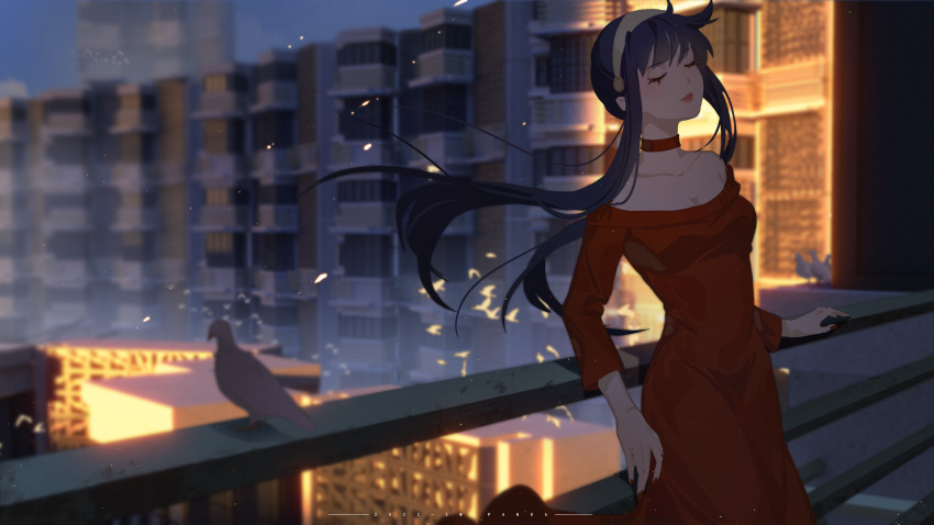 1girl, absurdres, against_railing, apartment, bird, black_hair, choker, city