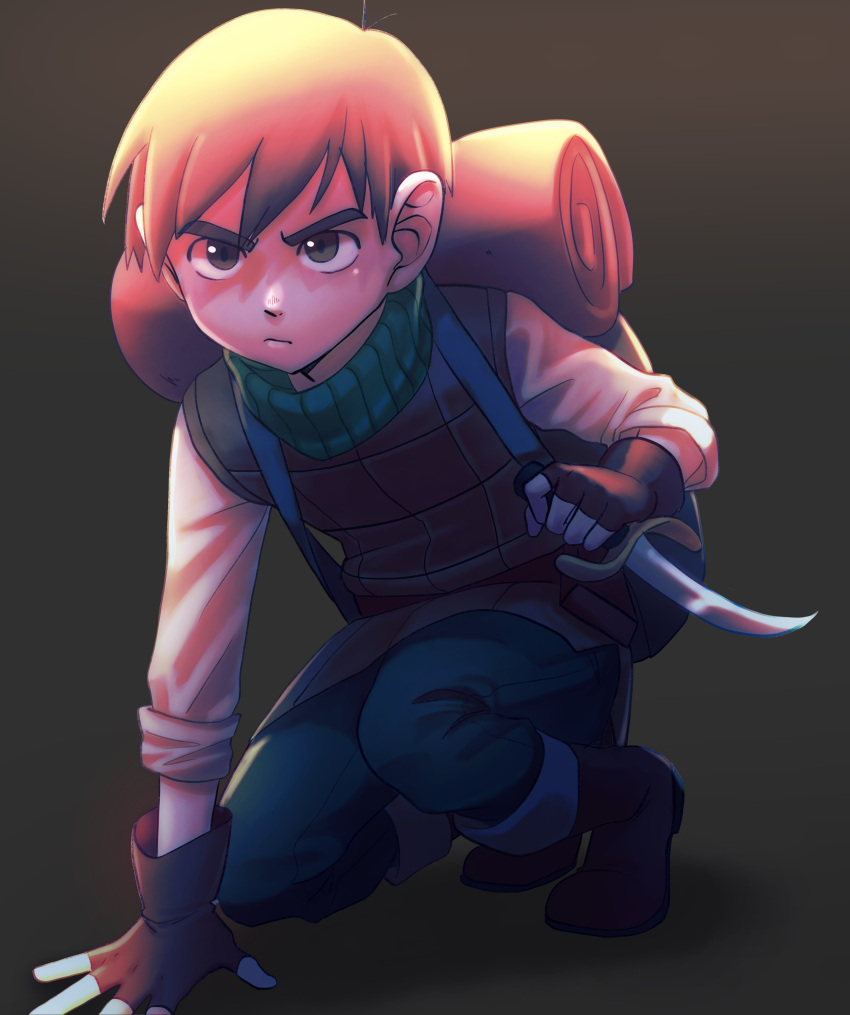 1boy, absurdres, backpack, bag, brown_footwear, brown_hair, chilchuck_tims, closed_mouth, commentary, dagger, dungeon_meshi, english_commentary, fingerless_gloves, full_body, gloves, halfling, highres, holding, ivlice, kneeling, knife, male_focus, short_hair, solo, weapon
