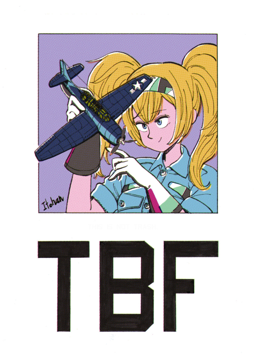 1girl, absurdres, aircraft, airplane, blonde_hair, blue_eyes, blue_shirt, gambier_bay_(kancolle)