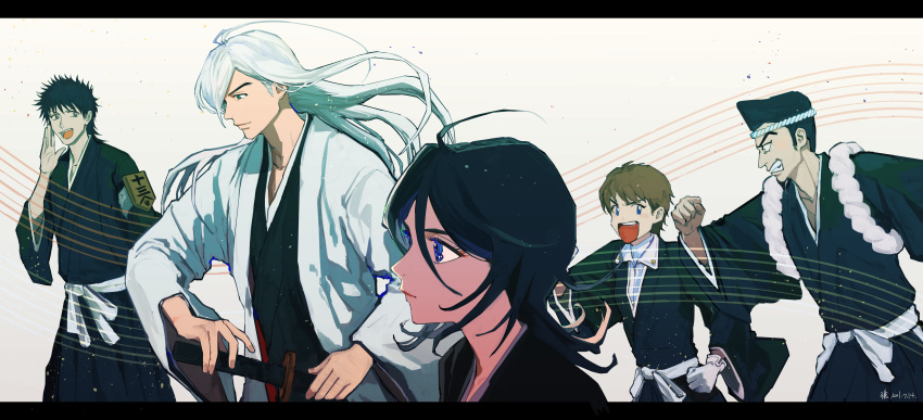 1girl, 4boys, absurdres, belt, black_hair, black_kimono, bleach, blue_eyes